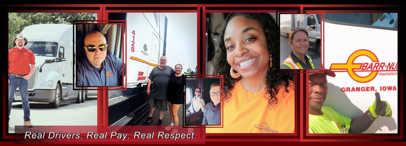 Barr-Nunn Truck Drivers by their trucks with the Top Pay Certified Carrier logo